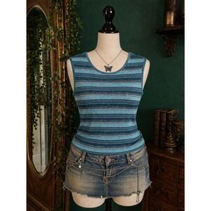 Self Esteem Womens Blue Shimmer Metallic Striped Sleeveless Knit Top L XL